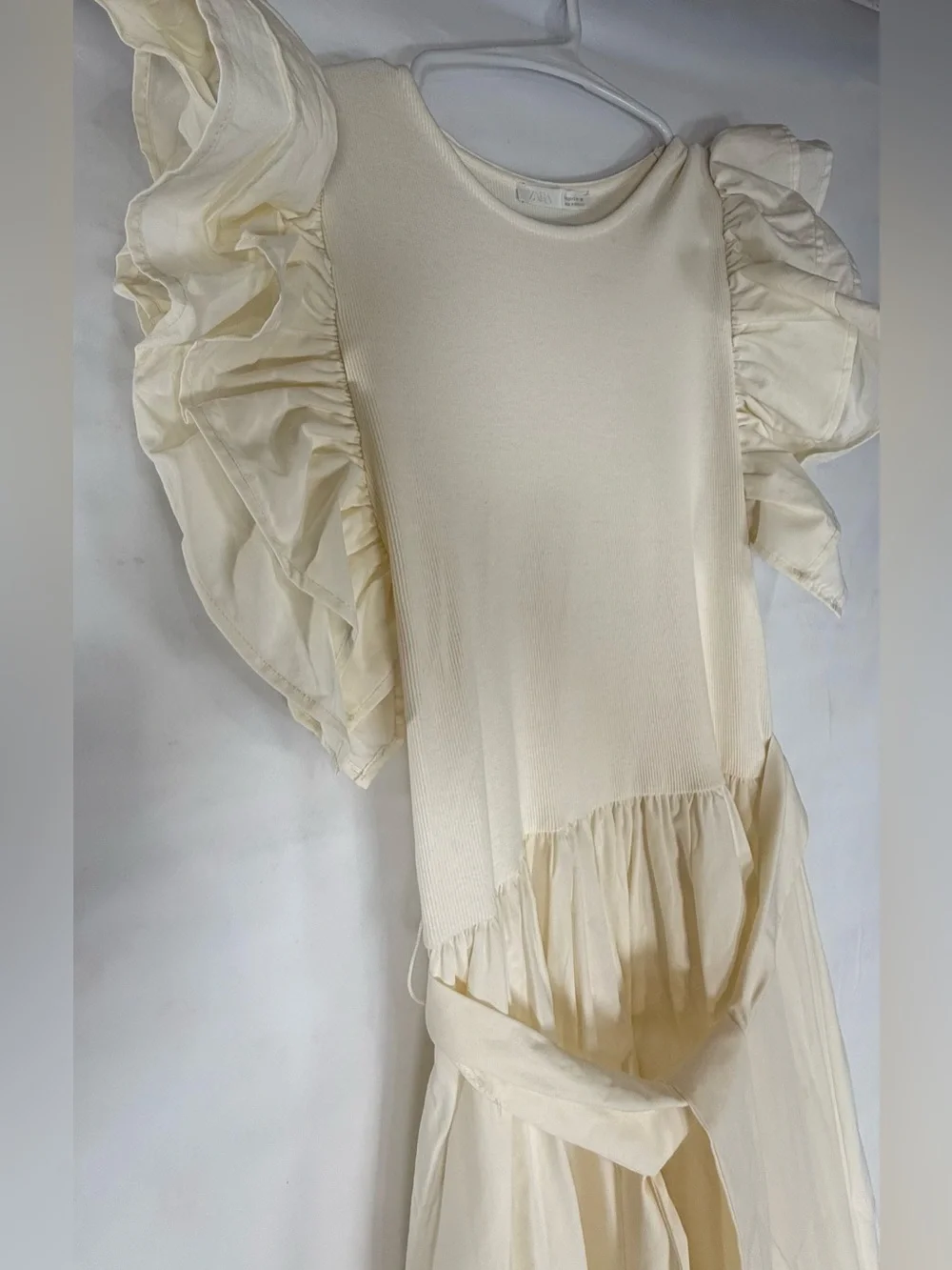 NWOT Zara Cream Ruffle-Sleeve Midi Dress with Waist Tie - Picture 2 of 10